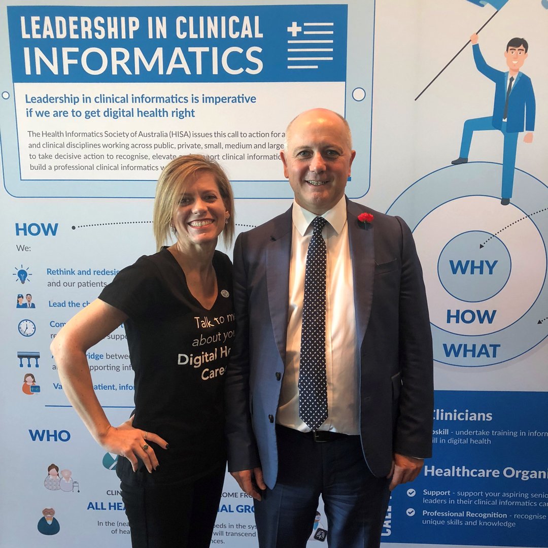 AuDigitalHealth's tweet photo. Dr @louise_schaper, CEO of @HISA_news, catches up with #DigitalHealth CEO @tkelsey1 at #HITWA18 in Perth. https://t.co/XWBqD8TNZh