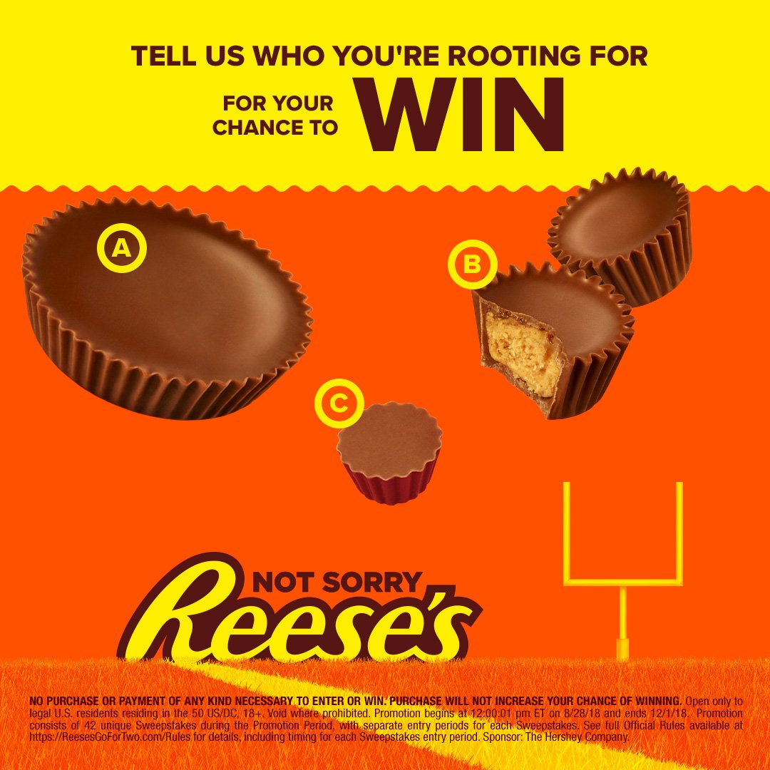 reeses's tweet photo. What’s essential to bring home a win this weekend? 
A. REESE’S Peanut Butter Cups 
B. REESE’S Miniatures 
C. REESE’S Minis 
RT your pick with #NotSorry and #Sweepstakes for a chance to win a $50 @Amazon Gift Card! NoPurchNec. Rules: https://t.co/RDCBvdcoVi https://t.co/3XFhiK2MJh