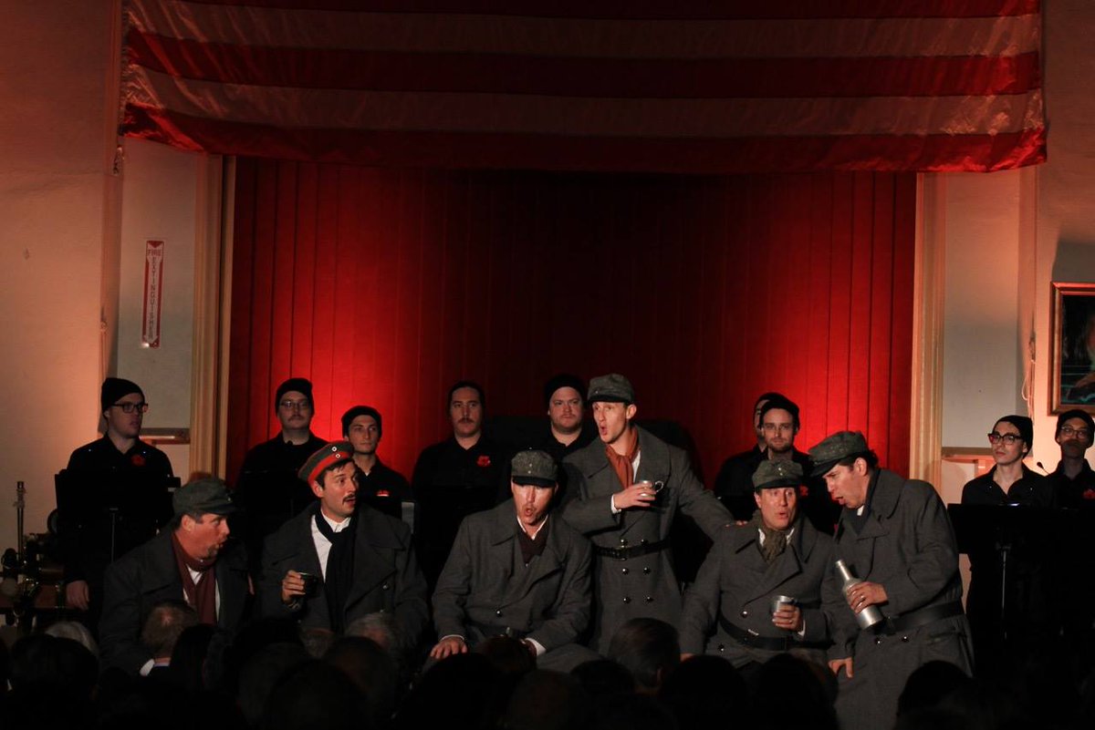 VeteransMuseum's tweet photo. SATURDAY at 2 PM see @BTConcerts once again present, "All is Calm, The Christmas Truce of 1914". Learn the story of WWI soldiers laying down arms during Christmas day, to embrace their enemies. Join these talented men in sharing a true story of Christmas love. #alliscalm #WWI100 https://t.co/edC2q3swK5