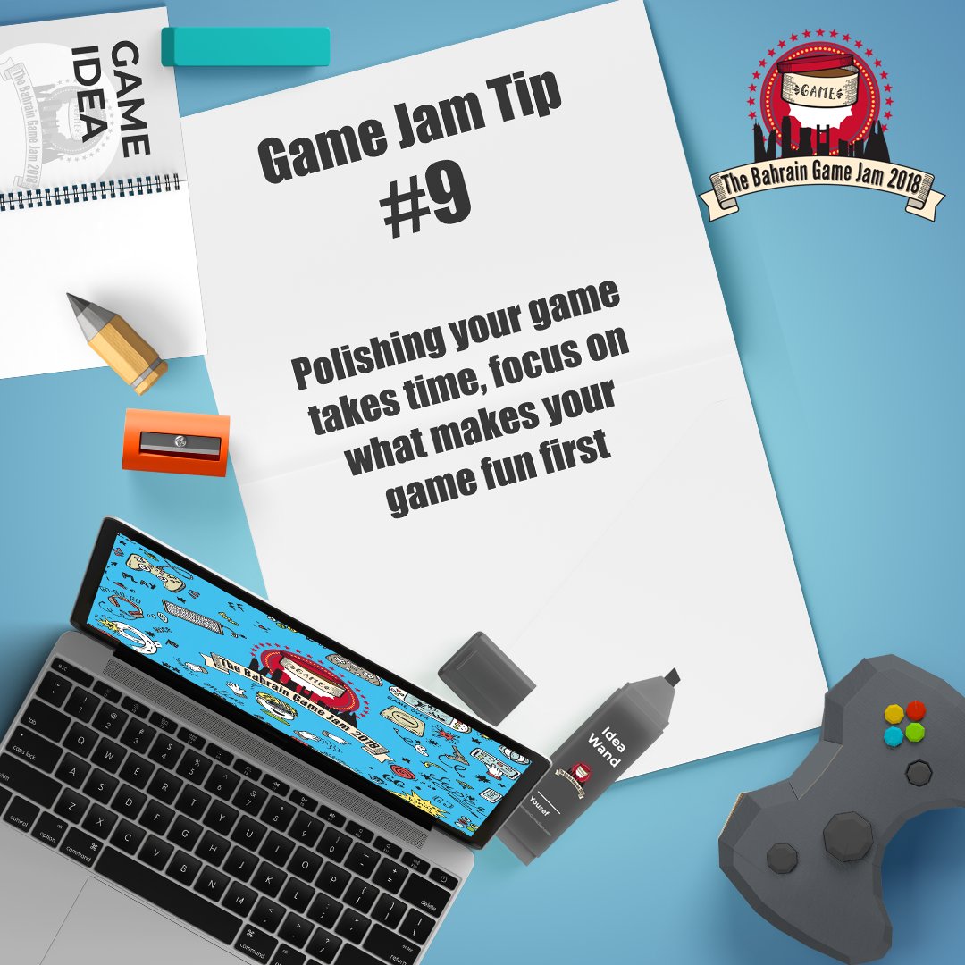 BahrainGameJam's tweet photo. Tip #9: Polishing your game takes time, focus on what makes your game fun first
Signup for the jam using the link in bio! 🔗👾 keep deving!⠀
#GameJam #BahrainGameJam #BGJ18 #UE4 #Unity #IndieDev #Gaming #Games #Game #GameDev #IndieGame #IndieGames #IndieGameDev #Dev #Bahrain https://t.co/9DXhNviwJX