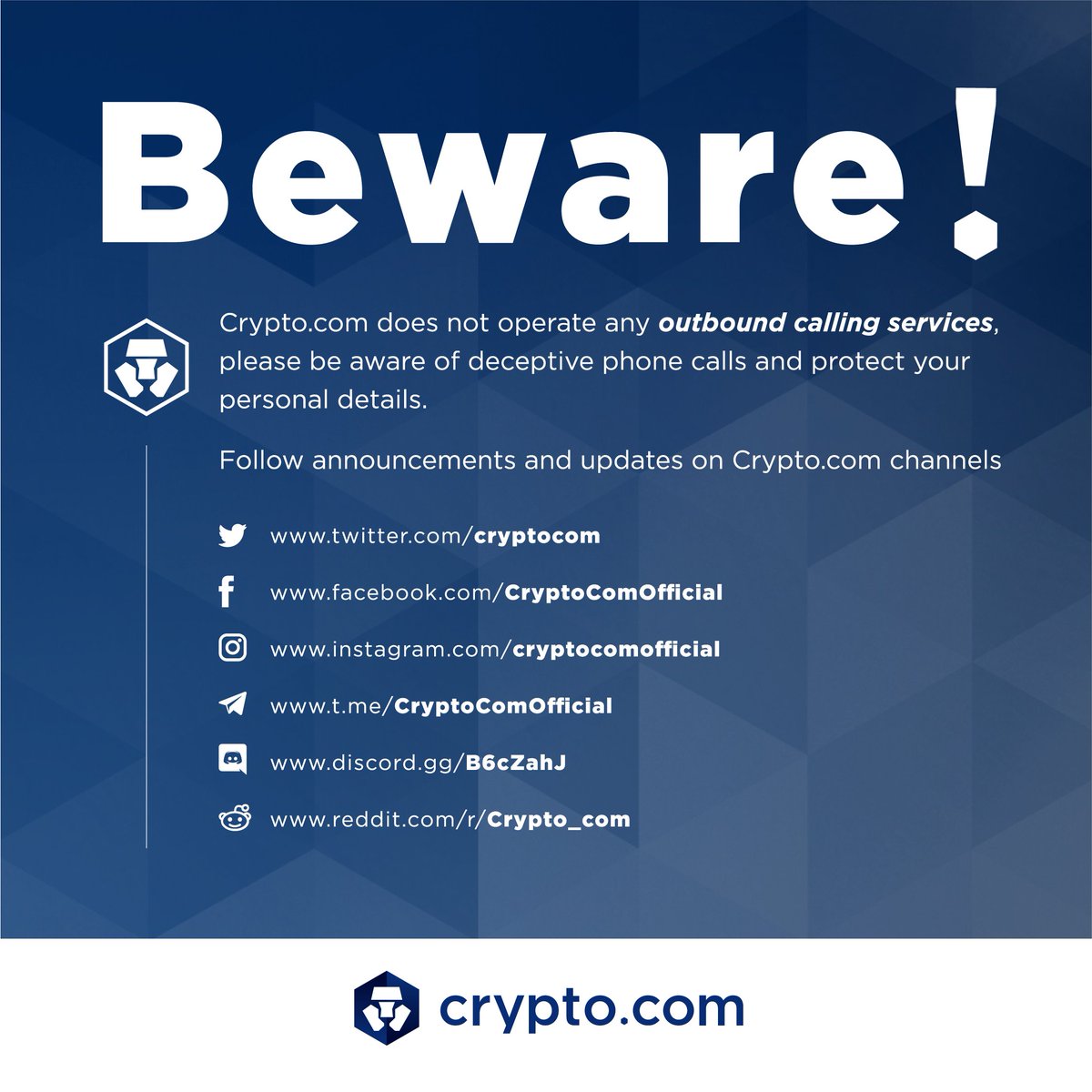 We are not operating any outbound calling services - be alert of deceptive  phone calls and protect your personal details. Join official @cryptocom  channels for the latest updates and announcements.