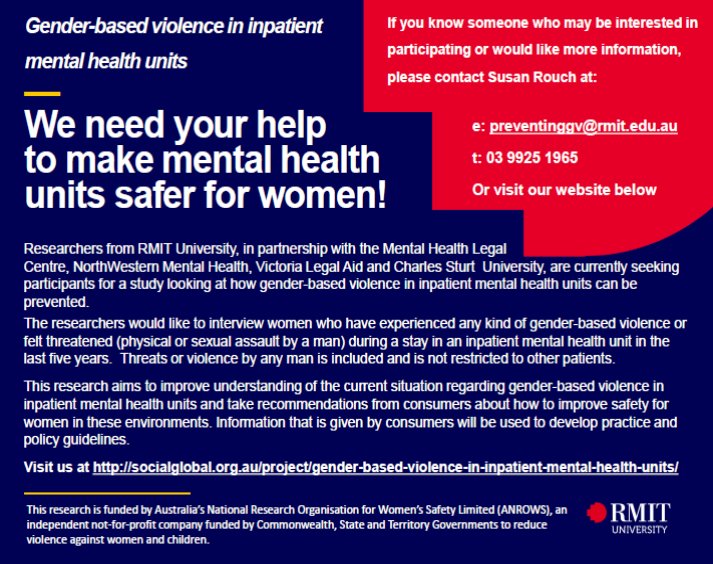 WMHNVic's tweet photo. We need your help to improve the safety of women in inpatient mental health units!
Have you or someone you know experienced gender violence in a mental health unit as a female patient? @RMIT are partnering with @MentalHealthCLC, @NWMentalHealth, @VicLegalAid and @CharlesSturtUni https://t.co/yEHI1YxcMh