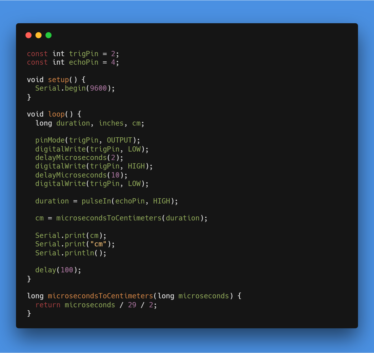 codetoexpress's tweet photo. One of the most used sensors, and here is the code to use it with Arduino. The trigger pin is connected to pin 2 and echo pin of the sensor is connected to pin 4.
Vcc and ground being +5 and 0V respectively.
#IoT #coding #hardware #codetoexpress #dev #arduino #theleanprogrammer https://t.co/PVjTV5ZlAT