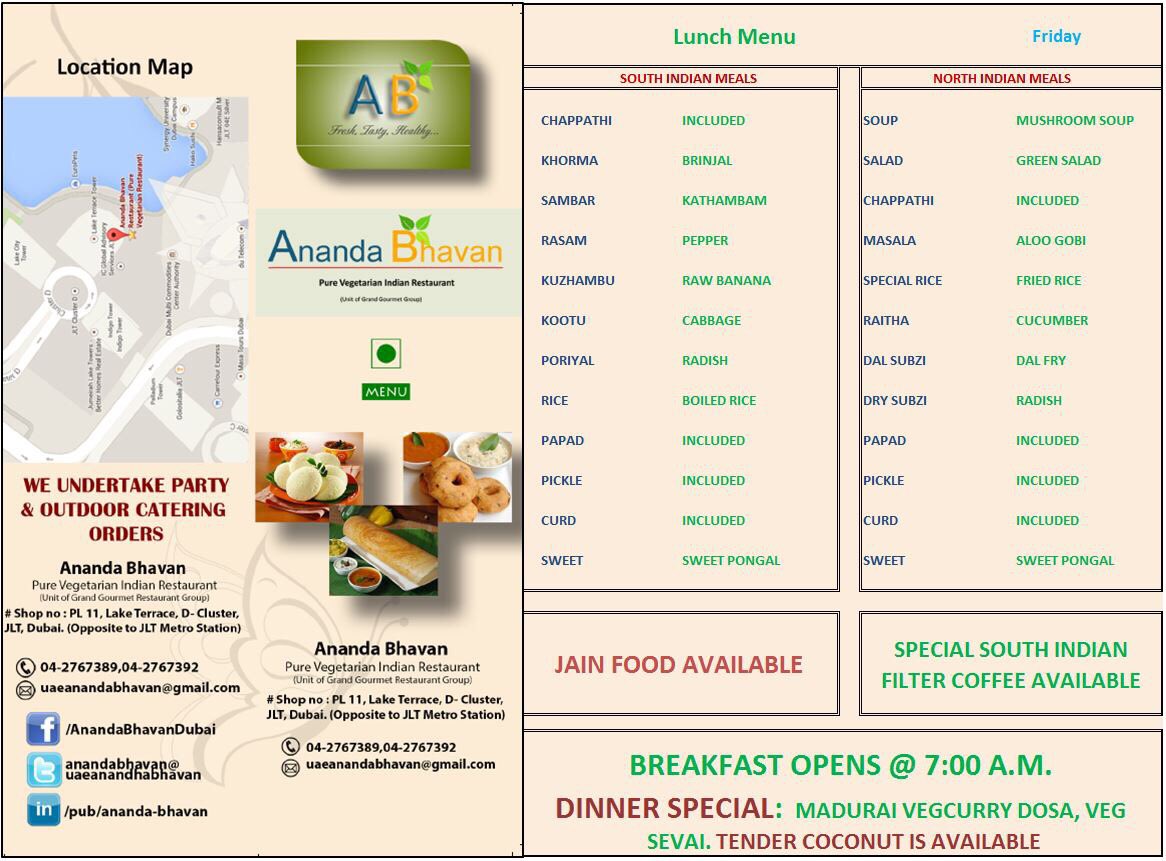 uaeanandabhavan's tweet photo. Enjoy Friday with Fresh #Breakfast, special #lunch and #dinner at Ananda Bhavan Restaurant Dubai

Visit us @ Lake Terrace Tower, Cluster D, JLT

Order via Zomato, Deliveroo/Talabat app or Call us @ 04-2767389/92 for free delivery

#Restaurants
#JLTDining
#JLTResidents
#Vegetarian https://t.co/o4zWhLVkhl
