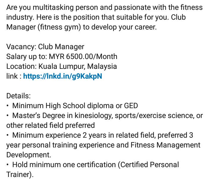 Job_Cart's tweet photo. Vacancy: Club Manager (Fitness Gym)
Salary up to: MYR 6500.00/Month
Location: Kuala Lumpur, Malaysia
link : https://t.co/pTQXK0cfFT
#JobCart #fitness #industry #clubmanager #gym #vacancies #career #job #jobopportunities
@twt_kerja @Oh_KerjaKosong @sebarkerja https://t.co/IGW1PPFD5A