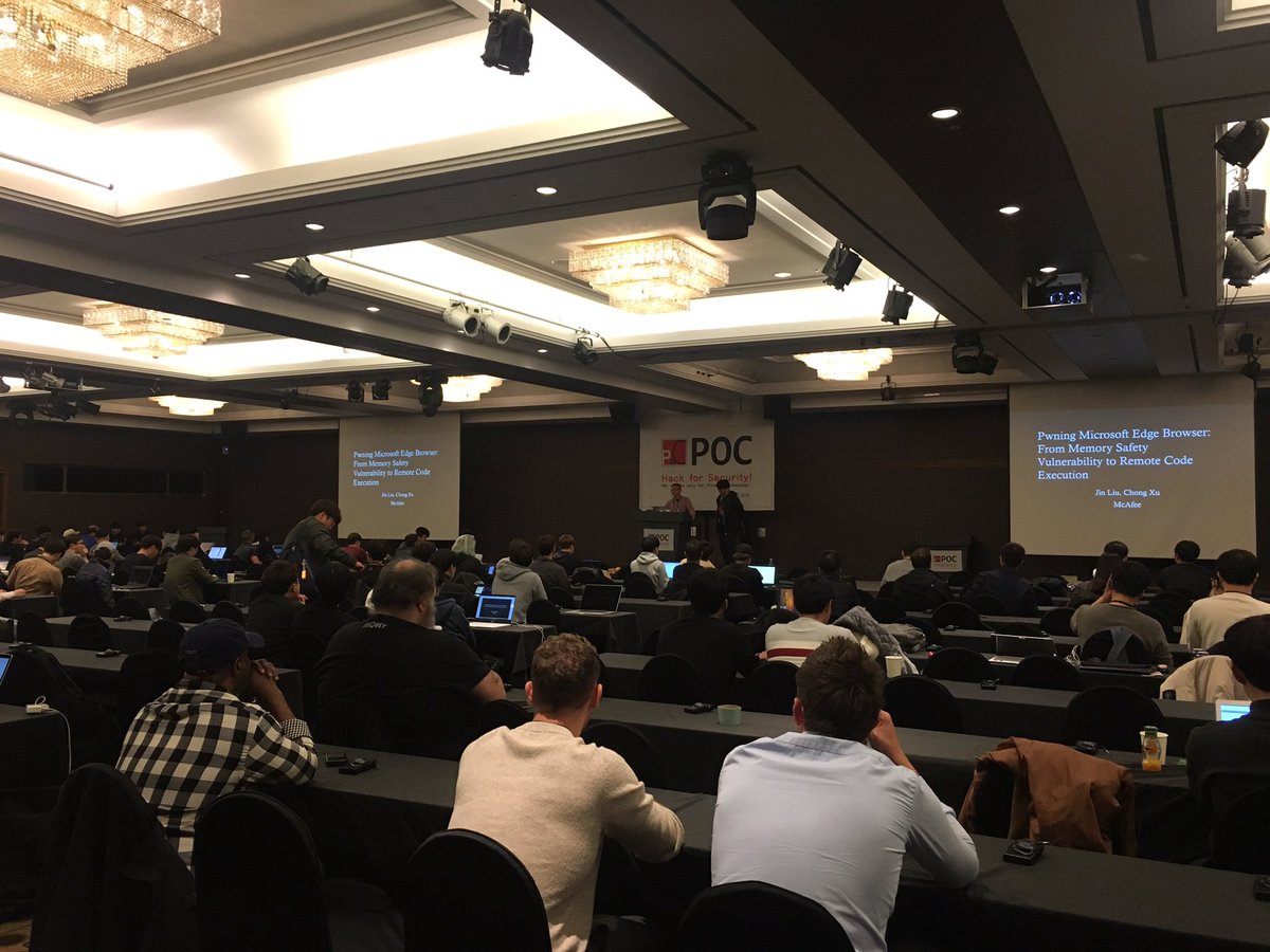 vangelis_at_POC's tweet photo. Jin Liu and Chong Xu are giving their talk, โPwning Microsoft Edge Browser: From Memory Safety Vulnerability to Remote Code Execution" #POC2018 https://t.co/WpQhXnYQtr
