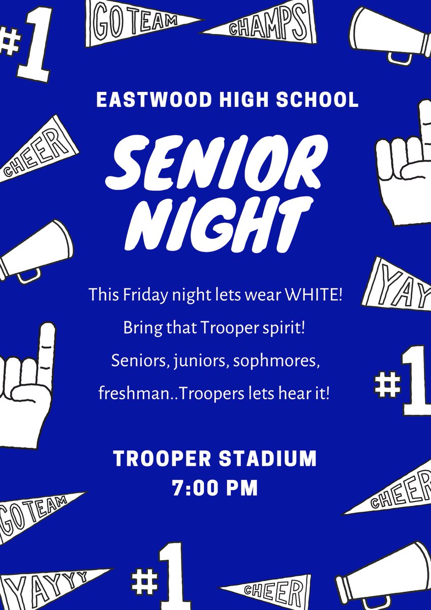 EastwoodBrigade's tweet photo. WEAR WHITE AND SHOW OUT FOR OUR SENIORS TOMRROW NIGHT @ 7:00PM!!  ⚪️⚡️🗣 #NoStatement #WeReady https://t.co/olZxPK72kU