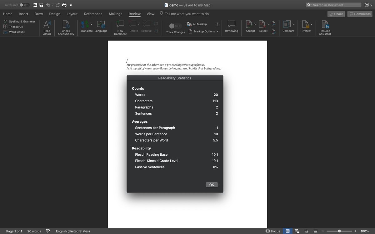 OnedriveMeetup's tweet photo. macOS Mojave - #darkmode now supported in @OfficeInsider builds!  #MicrosoftWord #Flesch #ReadingEase #FleschKincaidGradeLevel https://t.co/dkmecMMdty