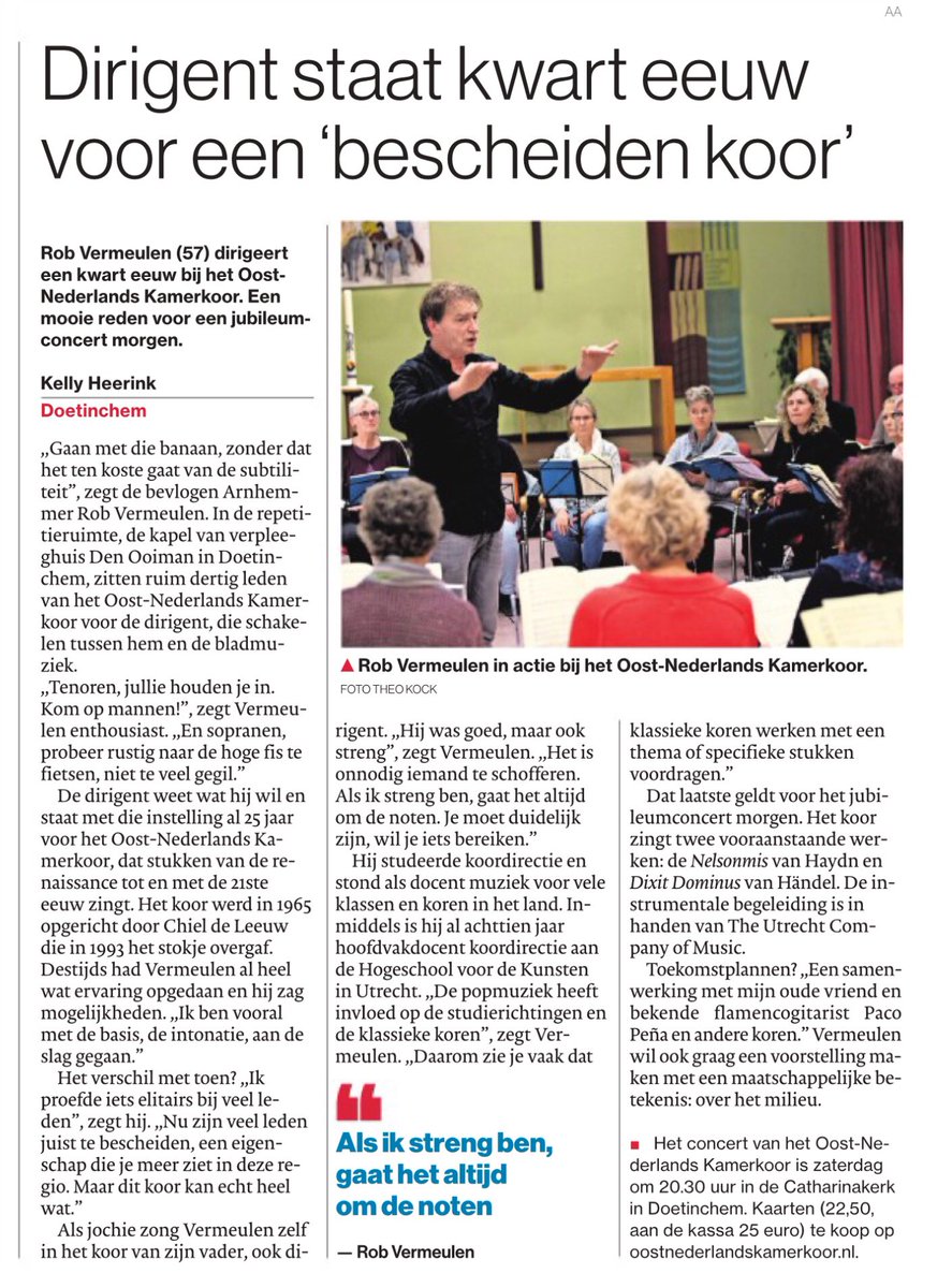 Het Oost-Nederlands Kamerkoor ten voeten uit. Mooi interview met onze jubilerende dirigent. Zijn “feest” vind morgen plaats dmv een concert: Händel en Haydn om 20:30u in de Catharinakerk, Doetinchem. Kom luisteren!