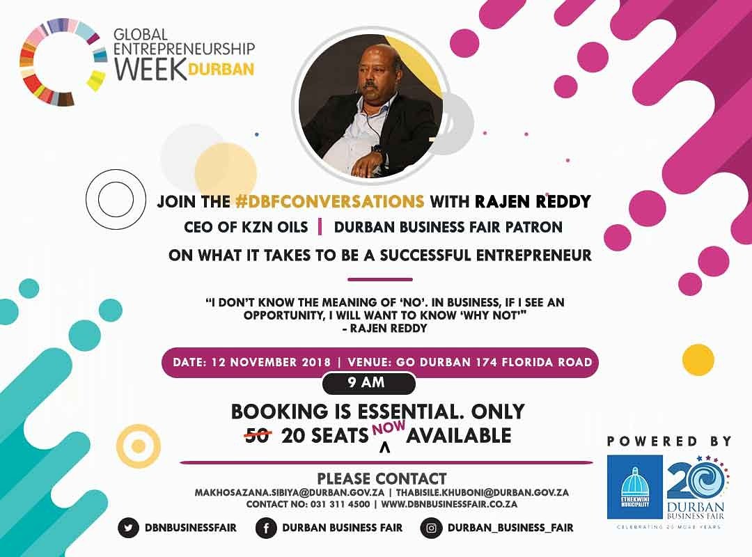 DBNBusinessFair's tweet photo. Have you booked your space for the @gewdurban #DBFConversations yet 🤔? Well if you haven't, you better hurry, because there are only 20 SPACES LEFT!!!
Full programme to follow 😉!
#DBF20, celebrating the road to #DBF21 💃🏾! https://t.co/WzT79a5LUx