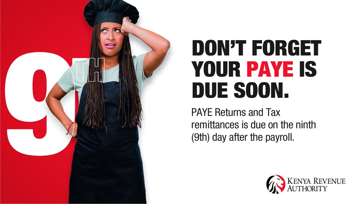 KRACorporate's tweet photo. Dear employer, kindly remember that your PAYE is due today. Go to https://t.co/5GnEbKR8L6  to file and to generate a Payment Registration Number. https://t.co/I4ElJHkL4z