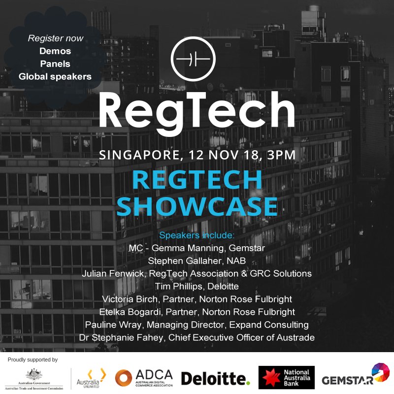 GemstarTech's tweet photo. Our MD, @gemma_manning_ is MC at the Regtech Show case event in Singapore on Monday, hosted by @regtech_1 which features key experts across the region in the Regtech space including @NAB @Austrade  @Deloitte @NLawGlobal  #regtech #asia #australia #gemstar #tech #compliance https://t.co/5XNqAyfaOw