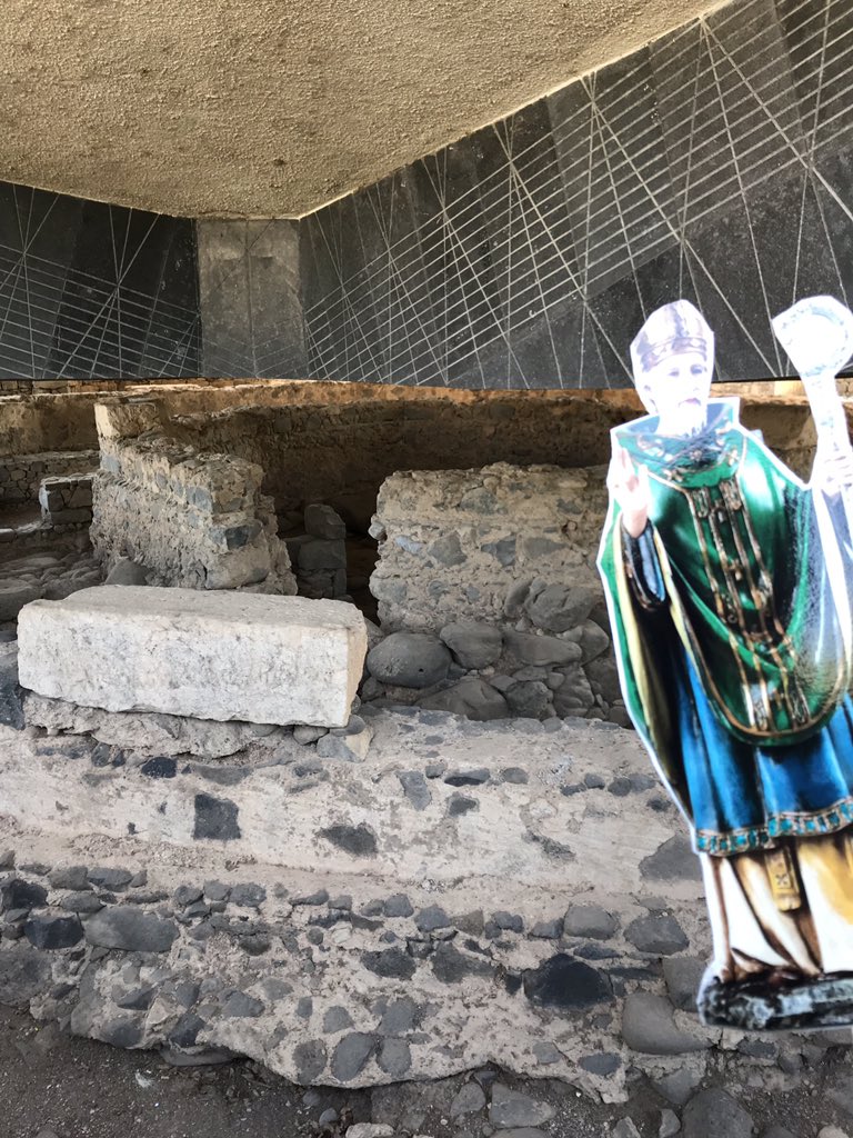 StPatSch's tweet photo. @PadreBrian and Flat St. Pat were busy tourists today!  They took a boat ride on the Sea if Galilee, visited the ancient city of Capernaum, Tabka the church of the multiplication of the loaves and fishes, and the home of Peter. #flatstpat  #stpatproud https://t.co/v5f3RUJFA6
