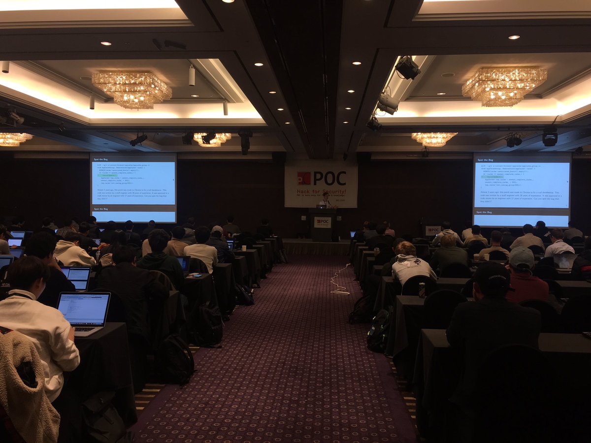 vangelis_at_POC's tweet photo. Ned Williamson(@NedWilliamson) is giving his talk, โExploiting Chrome IPC" #POC2018 https://t.co/hXKQbuwaqL