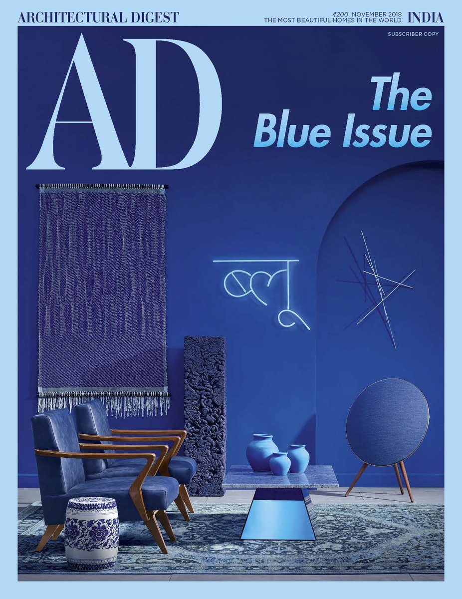 AD India's November 2018 issue is dedicated to the colour blue! 
In the title's first-ever issue dedicated to a single colour, we explore everything — from azure and cerulean to navy and indigo. 
Issue on stands now!
