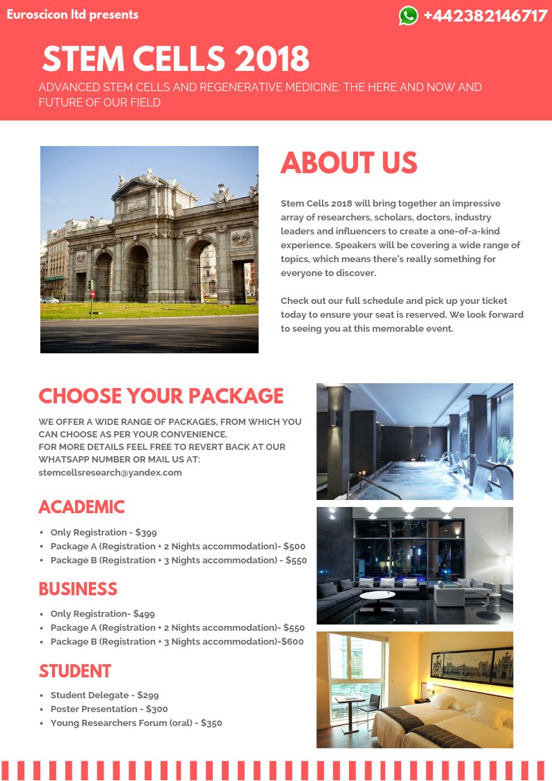 Book at: advanced-stemcells.euroscicon.com/registration 
A chance to book your slots at a lower price, Early bird date end on Nov 15,Grab the opportunity to spend your vacations in #Spain with a perfect blend of #knowledge with Stem Cells 2018
<a href="/SYNBiologics/">SYNBiologics</a> <a href="/Capricor/">Capricor Therapeutics</a> @ViaCyte <a href="/novonordiskus/">Novo Nordisk US</a> <a href="/UKSCF/">UKSCF</a>