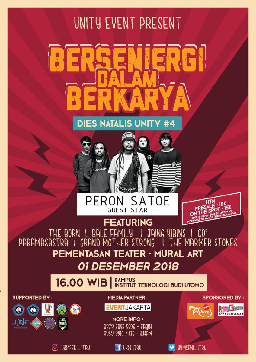 Ukmseni_itbu's tweet photo. Unit Kegiatan Mahasiswa (UNITY) "Institut Teknologi Budi Utomo "

The Event will be held on📅 : 
Saturday , 1st of December 2018. 📍: Institut Teknologi Budi Utomo.

🎉Presale : Rp. 10.000
🎉OTS: Rp. 15.000. 

For futher information:
📞faqih : 087870935908
📞Ilham : 085889167432 https://t.co/cuJKwKVRhY
