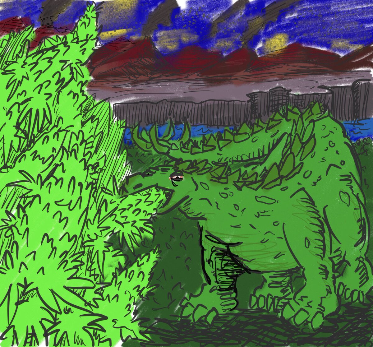 baggs_media's tweet photo. From the iPad sketch files... stegosaurus eating some prehistoric ganja! #DrawDinovember #stoned-a-saurus #dabbedout https://t.co/j8FJ1MZ7mX