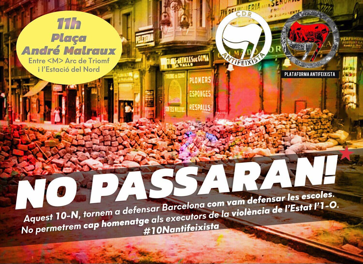 🥁Fem que aquest dissabte sigui un #10Nantifeixista. Porteu botzines, cassoles, carraus i el que tingueu per a fer soroll. Contra la brutalitat policial i l'extrema dreta, tornem al carrer! #FemUnAltsasu🔔  ✊

🕚11h
📍Plaça André Malraux

👉 #10NovBarcelona #CDRAntifeixista