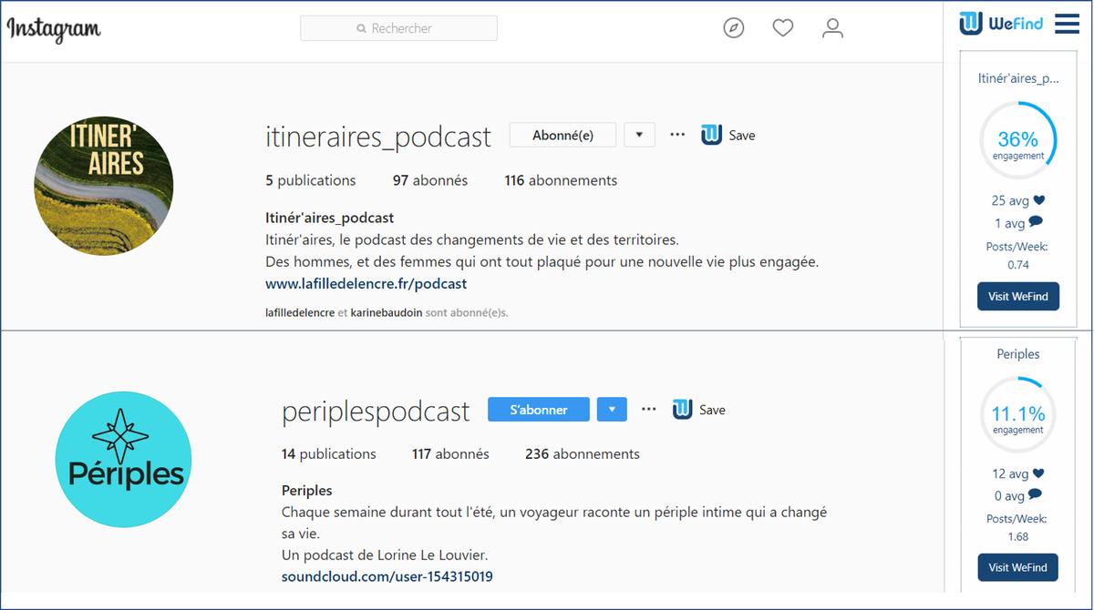 Sophie_M34's tweet photo. #Wefind Cette extension chrome est parfaite : allez sur un compte #Instagram, une colonne apparaît avec le taux d'engagement. Exemple ici en Benchmarkant les comptes de deux podcasts #insights @lafilledelencre https://t.co/qvcuSFtZE8
