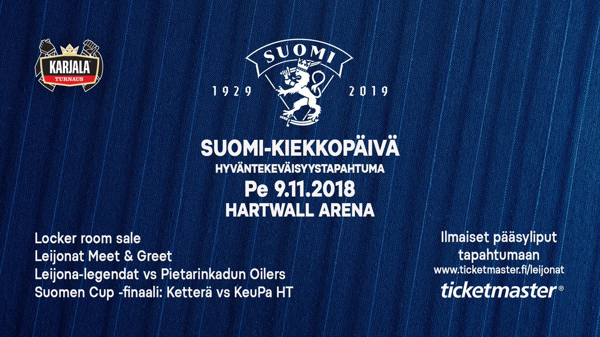 leijonat's tweet photo. Perjantai on #Suomikiekkopäivä! @hartwallarena ovet aukeavat klo 15.30, tutustu ohjelmaan: https://t.co/O9V4jzXIXA Ilmaisliput @TicketmasterFI  #Leijonat #SuomenCup #Legendat #Jääkiekkomuseo #LockerRoomSale https://t.co/vAW1b19M0P