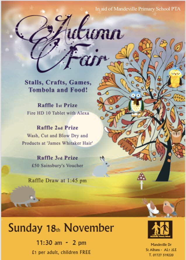 Please support our school Autumn Fair  <a href="/mandeville_AL1/">Mandeville Primary</a> <a href="/RvKevee/">Wake Up With Kevee</a> <a href="/radioverulam/">radioverulam</a> <a href="/JWandCoLangleys/">JW&Co Langleys</a> <a href="/greencoffeebnz/">Green Coffee Bean Co</a> <a href="/RuthIsiekwe/">Ruth Isiekwe</a> <a href="/denisejparsons/">Denise Parsons</a> #StAlbans #pta #AutumnFair #raffle #food #stalls🏫🚸☕🍰