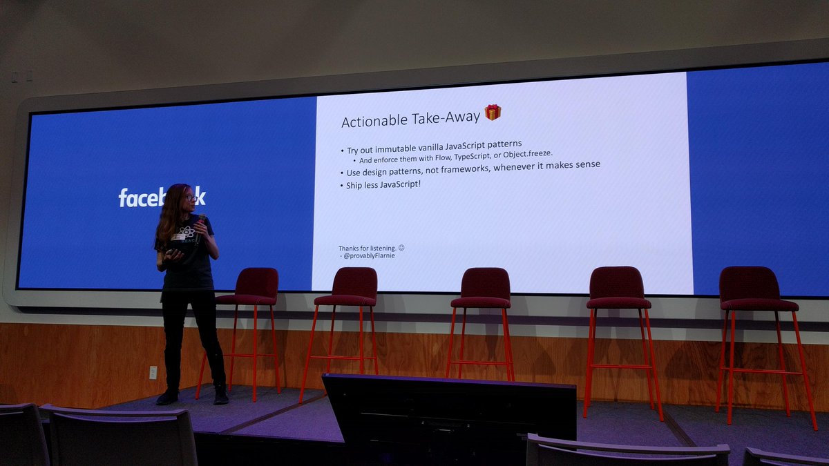 sarbbottam's tweet image. You probably don't need #ImmutableJS. Object.freeze(), spread (...) operator, et al might be sufficient for your use-case. 
My interpretation of the key takeaway from @provablyFlarnie excellent talk on immutability and javascript at fbfeetalk1108.splashthat.com