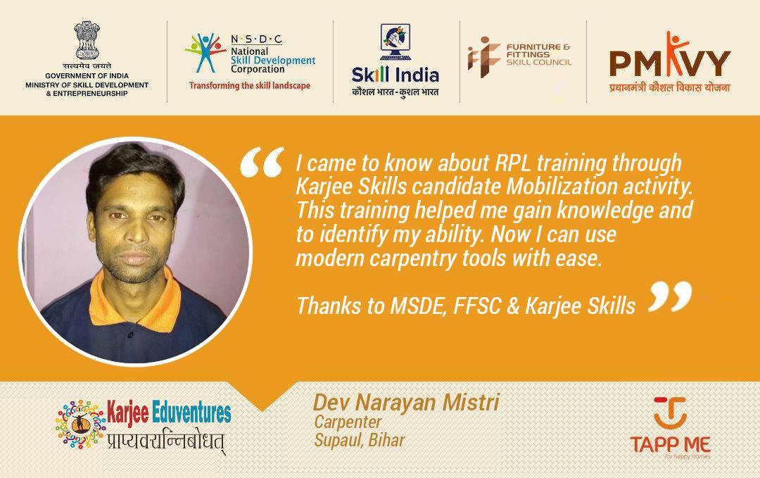 ffscin's tweet photo. Success Stories: 'Dev Narayan Mistri had an economically weak background which was an obstacle for him to move ahead in life. He then, joined @MSDESkillIndia #RPL in Bihar. He is now working with #TappMe and living a life of dignity'.
#SkillChangingLives #FarkDikhRahaHai https://t.co/uXOg1rnR3F