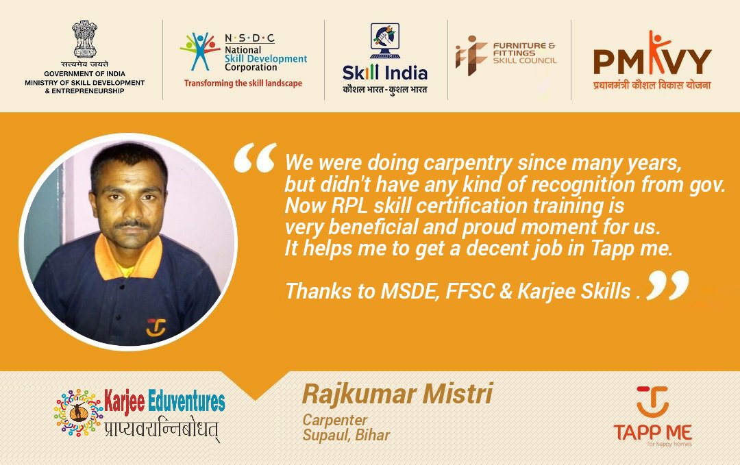 ffscin's tweet photo. Success Stories: 'Dev Narayan Mistri had an economically weak background which was an obstacle for him to move ahead in life. He then, joined @MSDESkillIndia #RPL in Bihar. He is now working with #TappMe and living a life of dignity'.
#SkillChangingLives #FarkDikhRahaHai https://t.co/uXOg1rnR3F