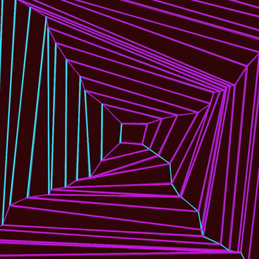 Computer generated art. Black background overlaid with neon lines that roughly resemble a long room, or a spider's web.