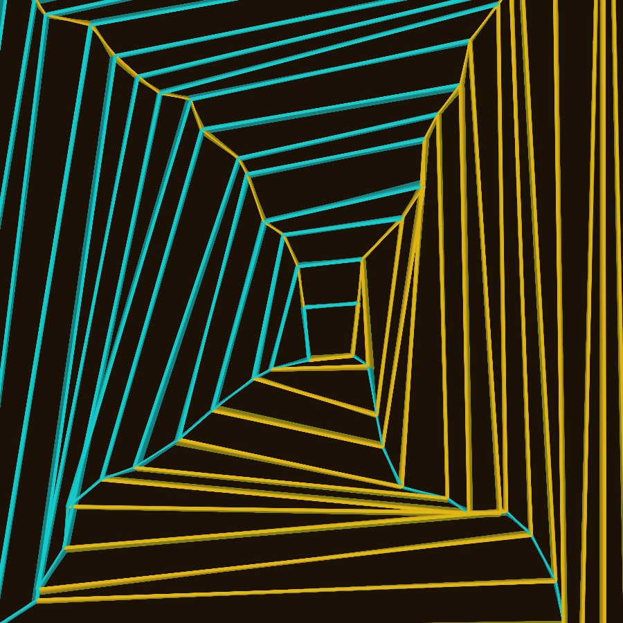Computer generated art. Black background overlaid with neon lines that roughly resemble a long room, or a spider's web.