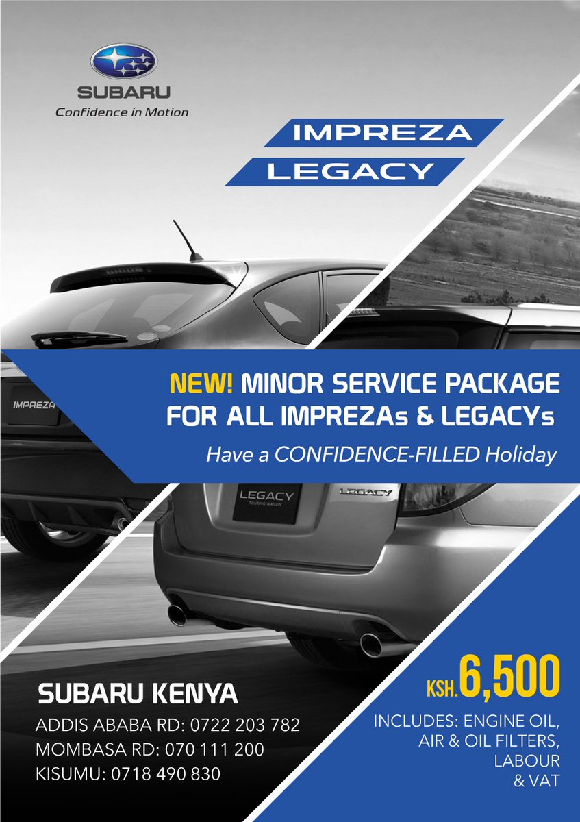 SubaruKenya's tweet photo. This call goes out to All beautiful LEGACY & IMPREZAs out here. At Subaru Kenya is where you need to be. Minor Service at ONLY Ksh 6,500. Valid at all Subaru Kenya branches: Industrial Area, Msa Rd and Kisumu. #LegacyService #ImprezaService @Ma3Route #Subaru https://t.co/g5XMShNoYb