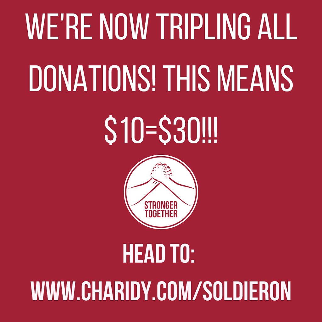 SoldierOnAust's tweet photo. To help us reach our goal, our generous matchers are going to TRIPLE all donations until midnight (or until we hit $1M)! So from now, every $1 you give will translate to $3!
Got to https://t.co/Klw625LNFn
Thank you to everyone who has donated so far. ! #StrongerTogether18 https://t.co/7N9mKiLIRX