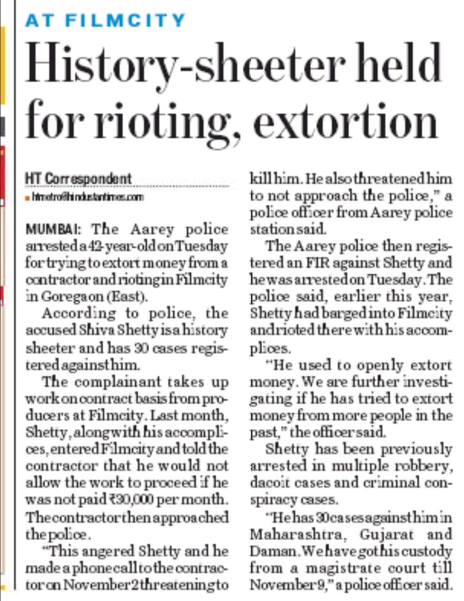 jaynaidu87's tweet image. The Aarey police #ARRESTED a history sheeter for allegedly #extorting a contractor in the #filmcity demanding Rs 30K per month if he wants to continue to work there. The police said Shiva Shetty, 42, is a self-proclaimed bhai in the filmcity in #Goregaon(E) with 30 cases on him.