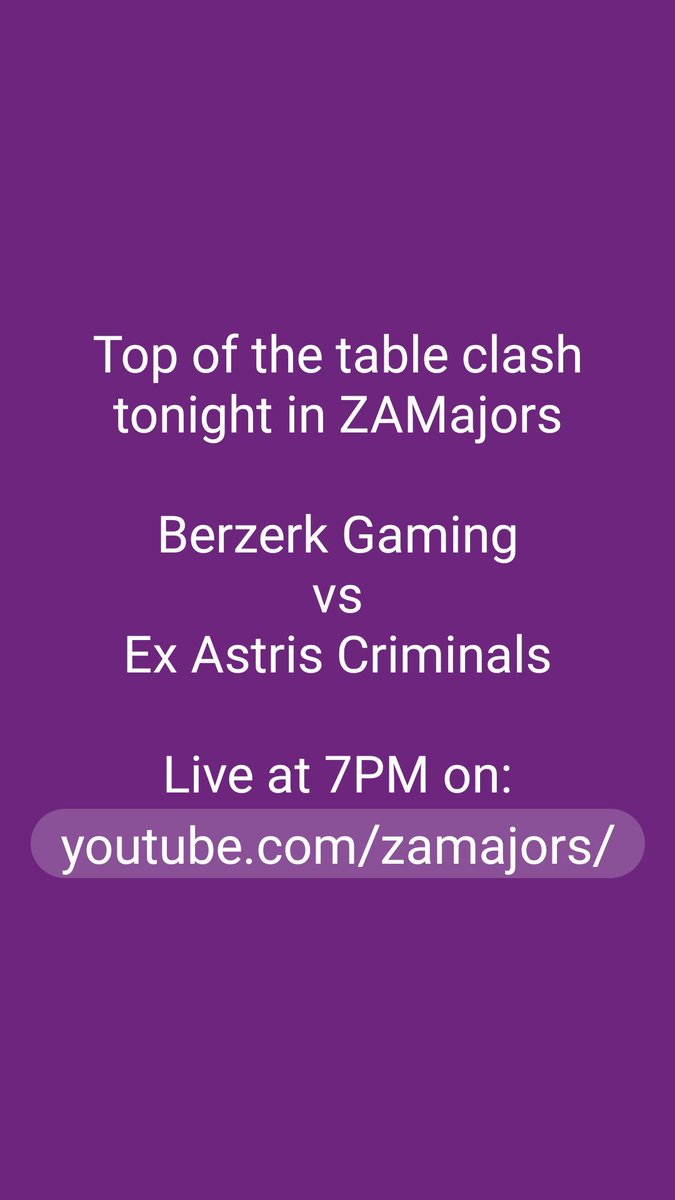 Tonight what will be an epic showdown between the two undefeated teams in group 1. #zamajors <a href="/BerZerKGaming/">BerZerK Gaming eksdee 420 mims</a>  <a href="/ZaMajors/">ZAMAJORS</a> 
Come support the Bzk boys as we aim to finish top of our group and proceed to gold division for the knockout stage!