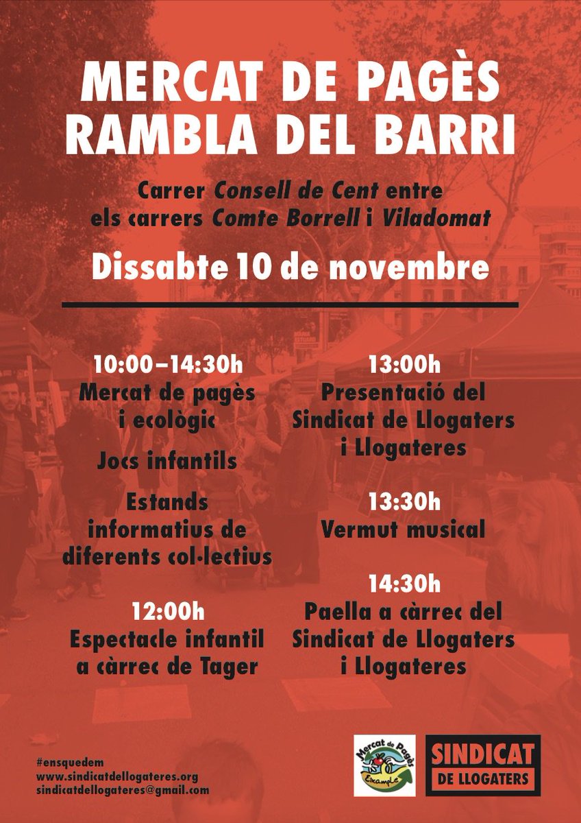 SindicatLloguer's tweet image. Demà no t'ho pots perdre!

🎊 Mercat ecològic, estands informatius, presentació del Sindicat, actuació infantil, vermut musical i paella!

📆 dissabte 10 de novembre

🕠 de 11:00 h a 14:30 h

📍c/Consell de Cent entre Comte Borrell y Viladomat.

😍 Ens veiem allà!