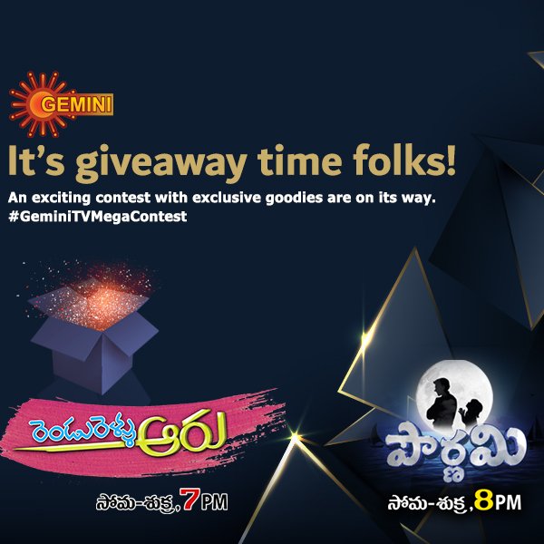 GeminiTV's tweet photo. It’s giveaway time folks!
An exciting contest with exclusive goodies are on its way.
#Pournami, #RenduRendluAaru #GeminiTVContest
#Watch_Win https://t.co/0Q0q39oqjR