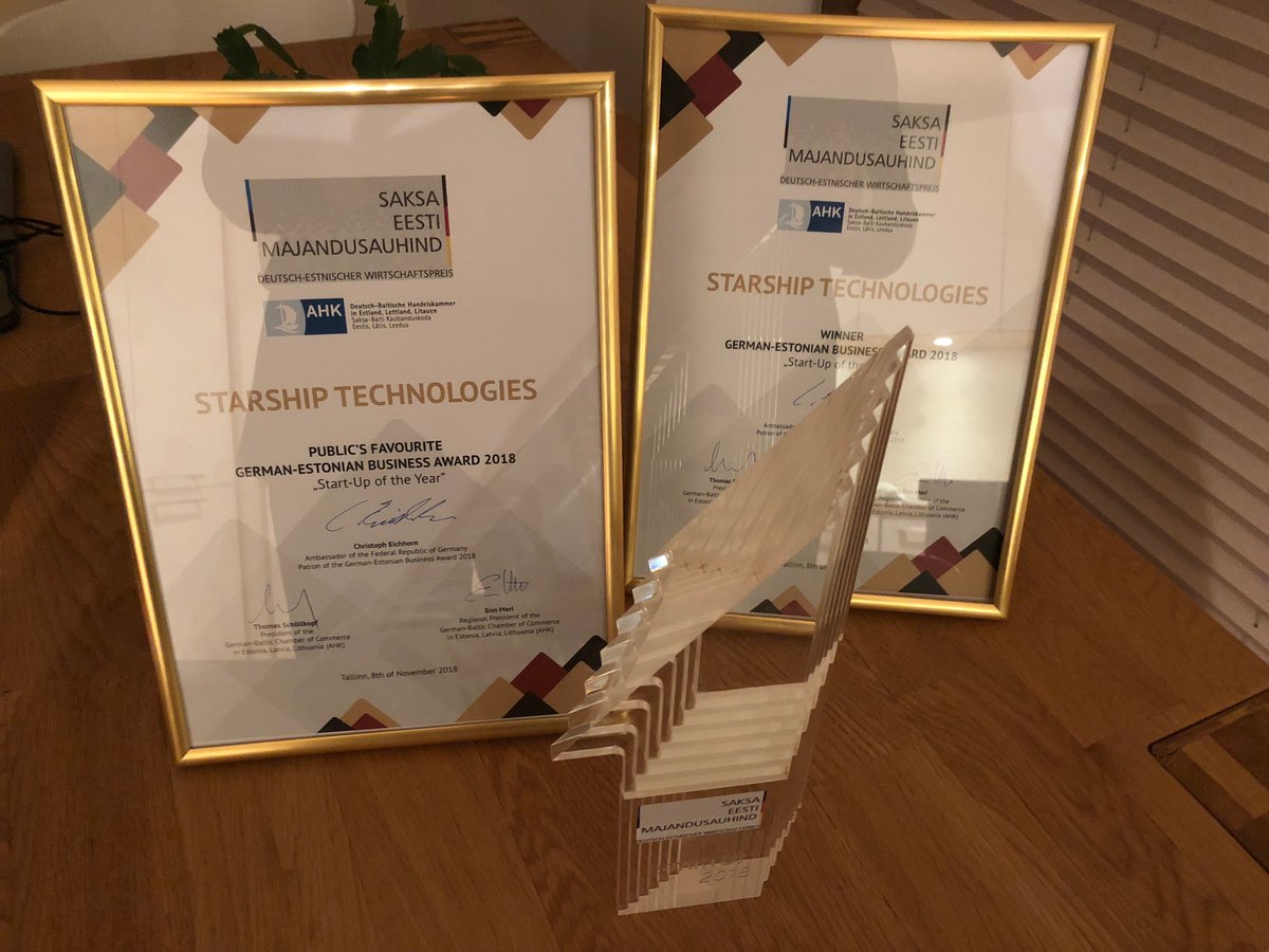 StarshipRobots's tweet image. Two awards for Starship in 24 hours! 

We won the &apos;Innovative Company of the Year&apos; at the @CityAM Awards and &apos;Start-Up of the Year&apos; at the German-Estonian Business Awards!