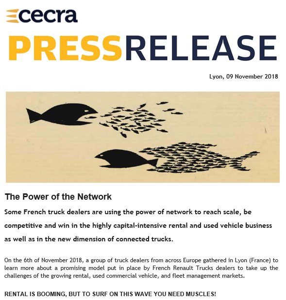 >>>Dealers are stronger if they tap on the power of network<<<
Find-out the main conclusions of a CECRA Truck Dealership Field Visit held in Lyon on the 6th of November  #truck, #rental, #usedtrucks, #parts #fleetmanagement #dealers docs.wixstatic.com/ugd/35e449_1ab…