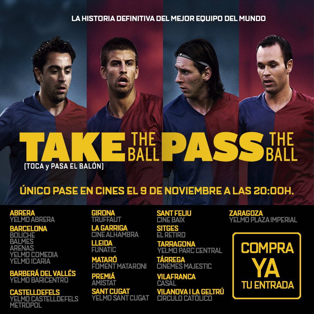 Take the Ball, Pass the Ball OUT TODAY in 22 cinemas in Spain and 5 different UK cities. @taketheballfilm #taketheballpasstheball Find your nearest screening here 👇