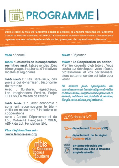 CRESS OCCITANIE (@cressoccitanie) on Twitter photo <a href="/mois_ESS/">Mois de l'ESS</a> 1ères Rencontres départementales de l'ESS dans le Lot : RDV le 15 novembre à Cahors 🤝 Les dynamiques de tiers-lieux en milieu rural, la Silver économie... seront à l'honneur ! Programme et inscription : urlz.fr/81SR <a href="/mois_ESS/">Mois de l'ESS</a> 1ères Rencontres départementales de l'ESS dans le Lot : RDV le 15 novembre à Cahors 🤝 Les dynamiques de tiers-lieux en milieu rural, la Silver économie... seront à l'honneur ! Programme et inscription : urlz.fr/81SR