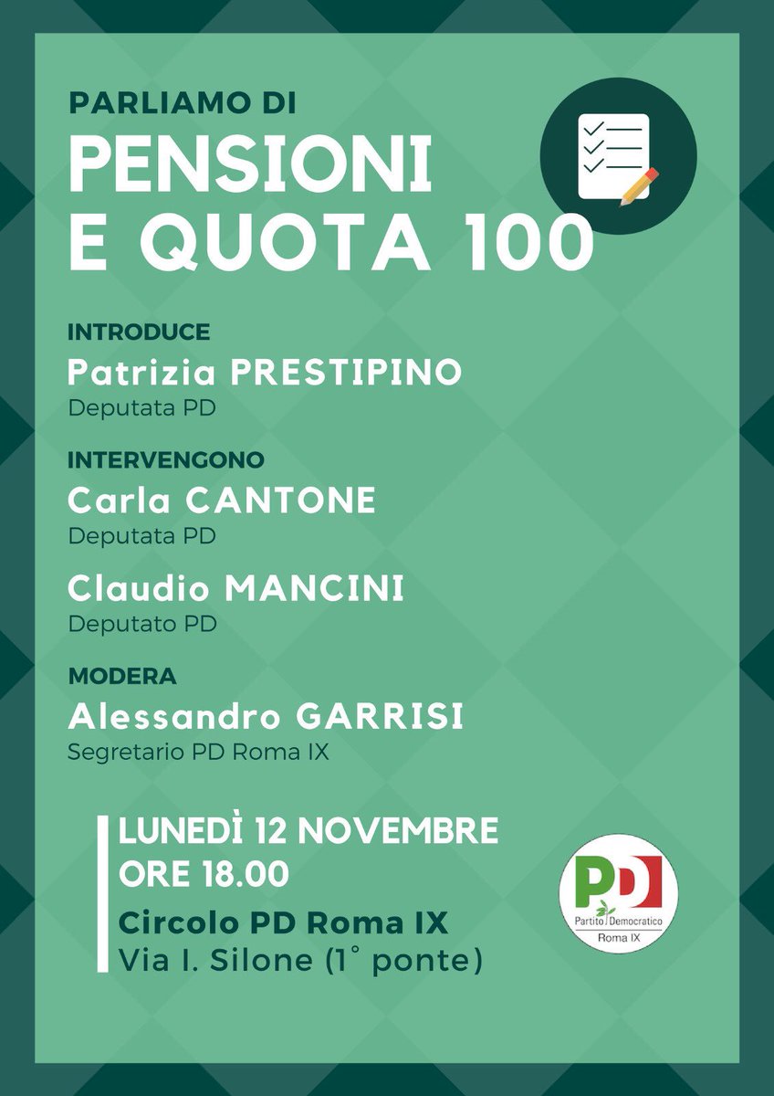 Vi aspettiamo lunedì 12 novembre alle ore 18.00 presso la sede del Circolo Municipale per discutere di pensioni e quota 100.