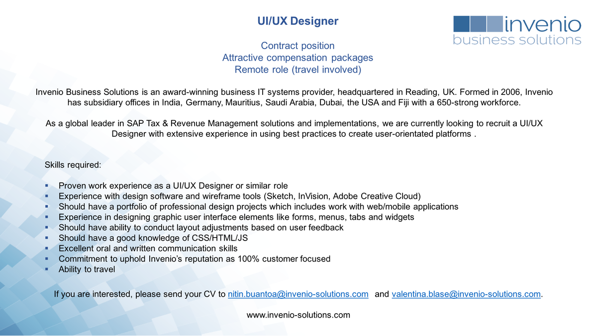 invenioLSI's tweet photo. We’re looking for a UI/UX Designer with a great eye for detail to join the rapidly growing Invenio family.  Check out the link below to apply. https://t.co/Qjr02Tkvy9 https://t.co/ffnO2UI9kE