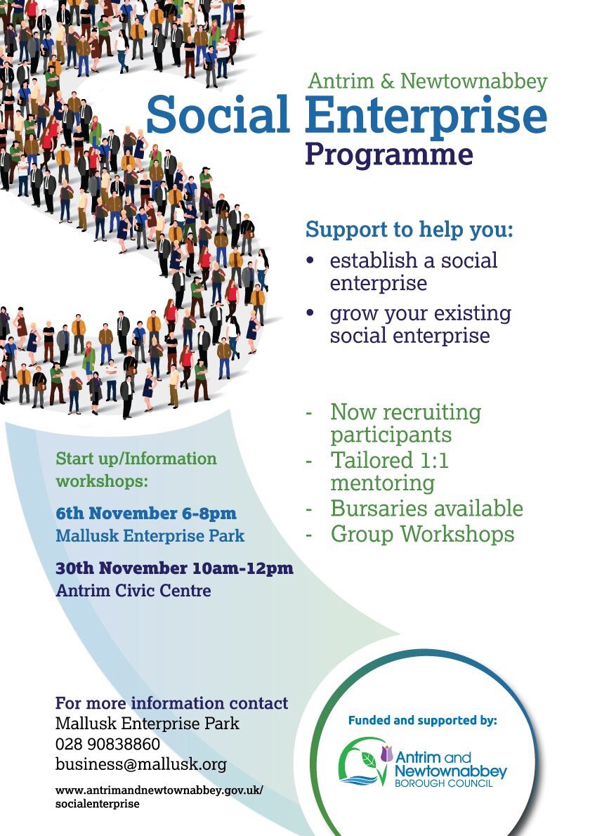 Are you considering starting up a #socialenterprise? Or need help to grow your #socialenterprise? Then check out this exciting new business programme offering mentoring, training & bursary support.
For more information visit bit.ly/2PMH8q1
#EnterpriseAN
#SocEntNI
#SocEnt