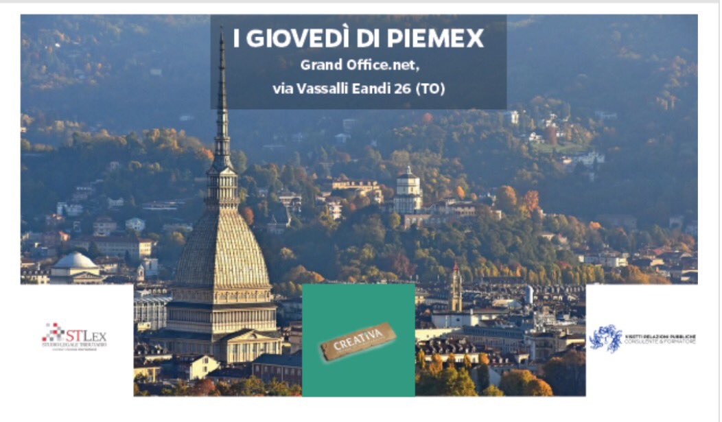Chiudiamo l'anno dei giovedì di Piemex con 3 appuntamenti molto interessanti: 15 novembre Stlex- La fatturazione elettronica; 29 novembre Creativa-GDPR per le PMI e commercianti; 6 dicembre Visetti Relazioni Pubbliche- Come sviluppare cooperative sociali e associazioni nonprofit?