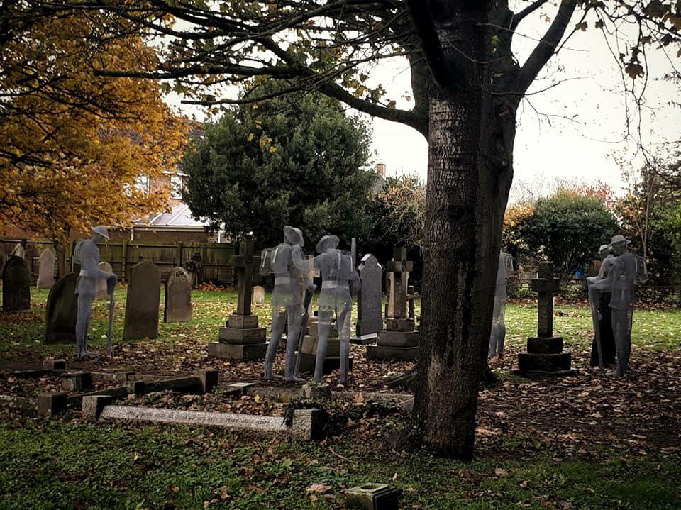 One of the best tributes to fallen soldiers I have ever seen. Ghosts of soldiers silently standing over their graves St John's Churchyard, Slimbridge. Created by local artist, Jackie Lantelli. #LestWeForget #lestweforget18