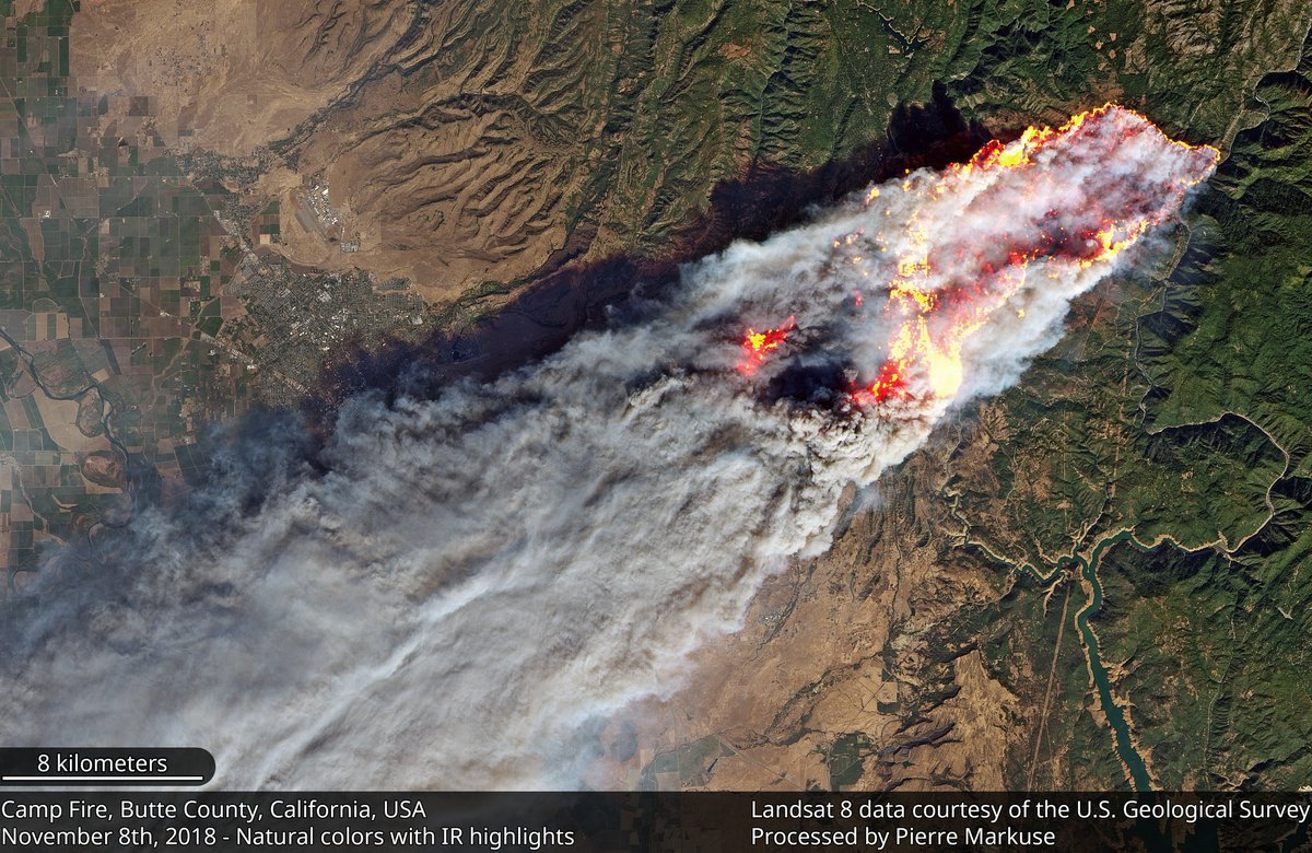 The Camp Fire🔥 with massive smoke plume visible. #ButteCounty #California #USA🇺🇸 8 November 2018 Nat col. + IR highlights #Landsat 8🛰️ Full-size: goo.gl/d2Jqj2 Without IR highlights: goo.gl/22ao7x #CampFire #ButteFire #wildfire