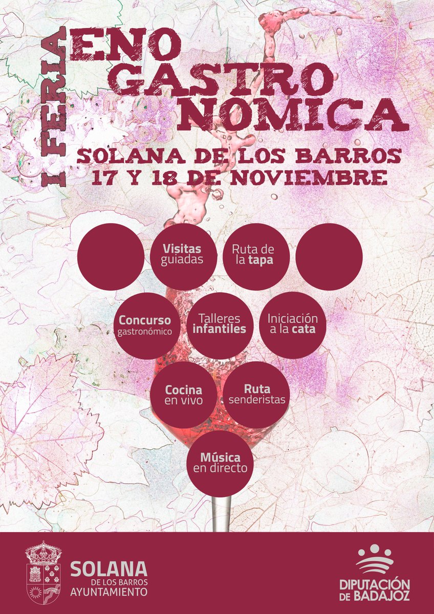 Ayuntamiento Solana (@aytodesolana) on Twitter photo Solana de los Barros acoge la I Feria Enogastronómica🍇. El 17 y 18 de este mes📅, la localidad se llena de actividades con nuestros productos tradicionales como protagonistas🍺🍷🍢🍜. Te esperamos ‼‼
🤝 Organizan:
<a href="/AytodeSolana/">Ayuntamiento Solana</a>
<a href="/DipdeBadajoz/">Diputación de Badajoz</a> Solana de los Barros acoge la I Feria Enogastronómica🍇. El 17 y 18 de este mes📅, la localidad se llena de actividades con nuestros productos tradicionales como protagonistas🍺🍷🍢🍜. Te esperamos ‼‼
🤝 Organizan:
<a href="/AytodeSolana/">Ayuntamiento Solana</a>
<a href="/DipdeBadajoz/">Diputación de Badajoz</a>