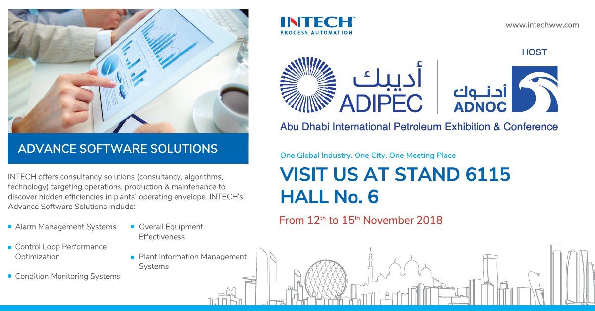 INTECHww's tweet image. #teamINTECH&apos;s Advanced Software Solutions will be featured at #ADIPEC2018. Join us &amp;amp; know how they&apos;ve been helping #oilandgas clients get more out of their people, processes, &amp;amp; technology &amp;amp; how they can help you discover the hidden efficiencies in your plant&apos;s operating envelope