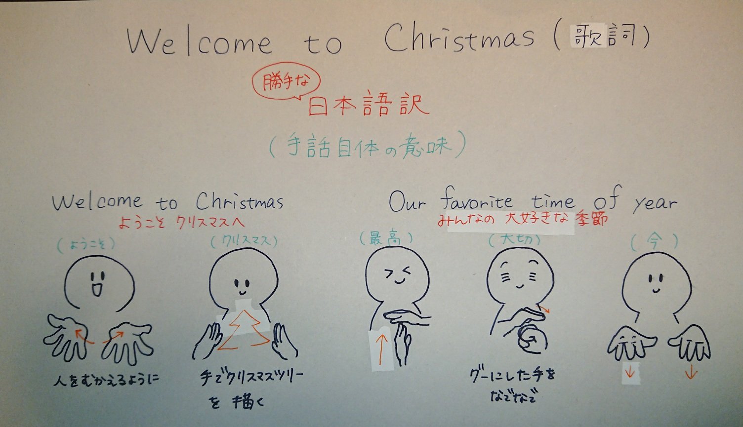す イッツ クリスマスタイム Welcome To Christmas の手話部分を 覚えたい とおっしゃっている方がいたので イラストにしてみました 歌詞と日本語訳と手話の意味付きですが アナログなので非常に見にくいです 間違っているところもあると思う す イッツ クリスマスタイム Welcome To Christmas の手話部分を 覚えたい とおっしゃっている方がいたので イラストにしてみました 歌詞と日本語訳と手話の意味付きですが アナログなので非常に見にくいです 間違っているところもあると思う